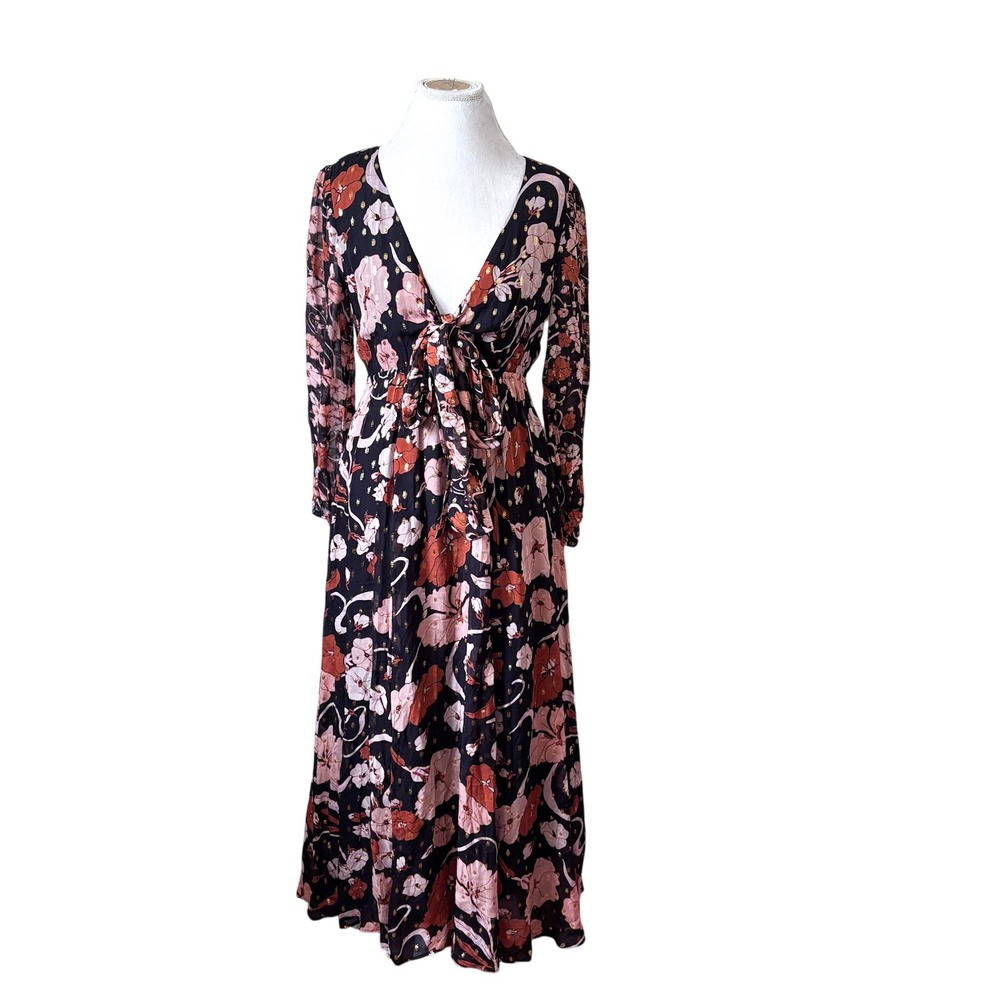 J.Crew Collection Tie Front Lurex Maxi Dress Small Black Metallic Boho Cottage